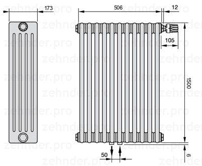 Схема (чертеж) Радиатор Zehnder Charleston 5150/11 №V008 Белый глянцевый RAL 9016